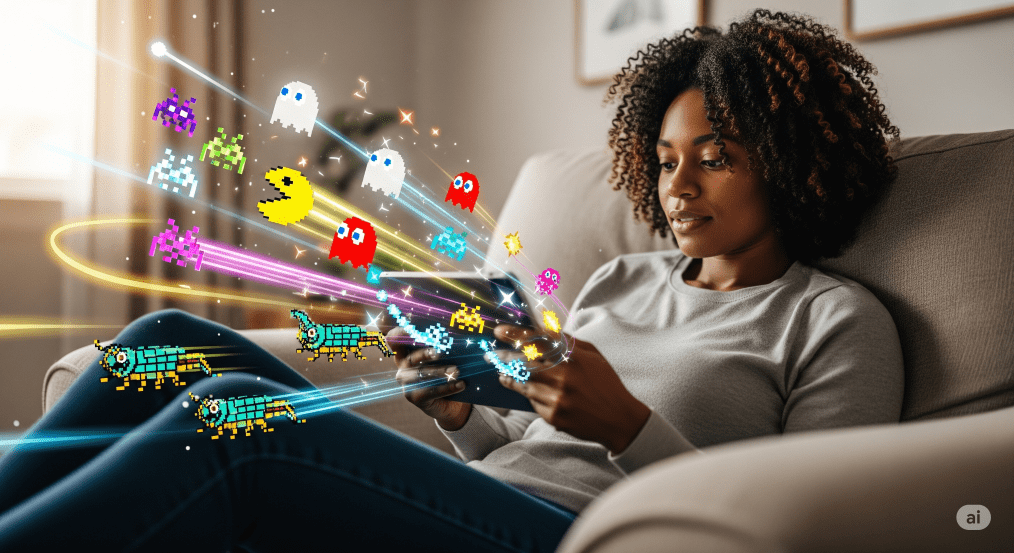 black-haired woman enjoying arcade style gaming on her tablet - Generated with AI