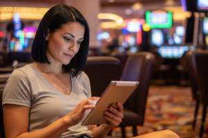 black-haired woman on her tablet in a casino - Generated with AI