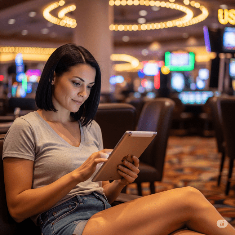 black-haired woman on her tablet in a casino - Generated with AI