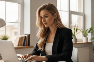 blonde woman engaging in an e-learning experience in her home office - Generated with AI