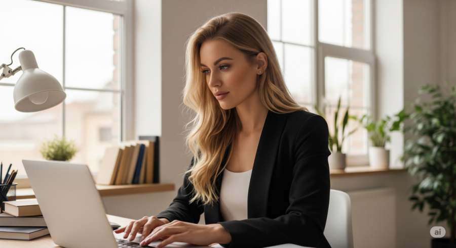 blonde woman engaging in an e-learning experience in her home office - Generated with AI