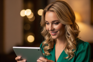 blonde woman enjoying her tablet - Generated with AI