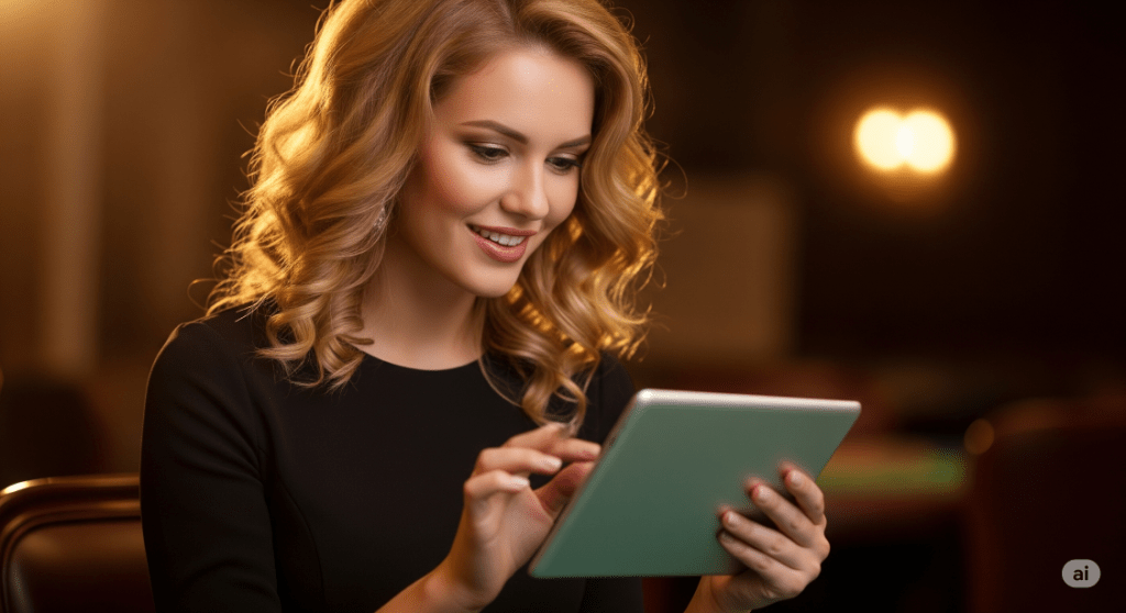 blonde woman enjoying her tablet - Generated with AI