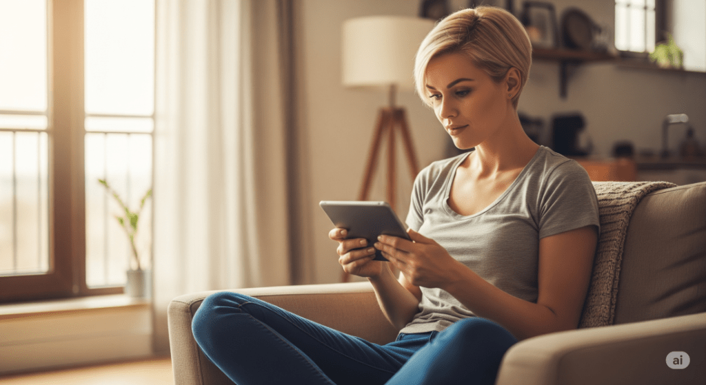 blonde woman with short hair engaging in an e-learning experience on her tablet - Generated with AI