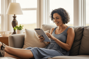 canadian woman enjoying her tablet on a sofa