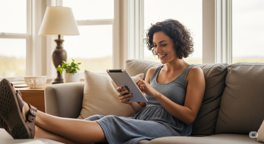canadian woman enjoying her tablet on a sofa