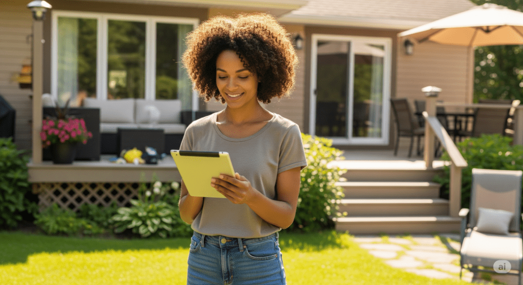 canadian woman enjoying her tablet outside