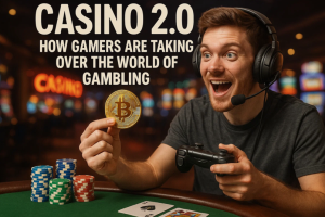 Man playing a video game in a casino holding a large Bitcoin