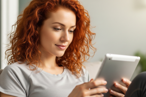 close-up of red-haired woman enjoying her tablet - Generated with AI