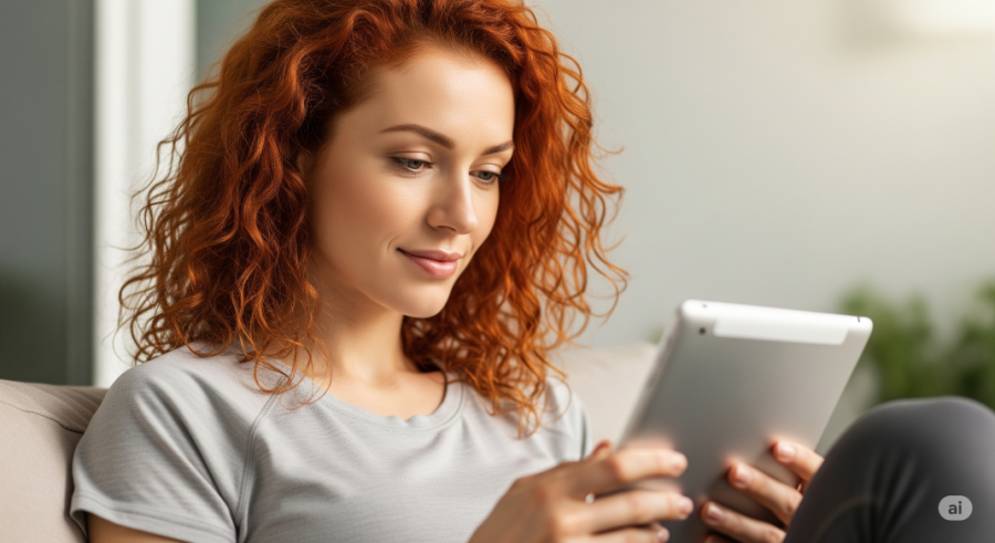 close-up of red-haired woman enjoying her tablet - Generated with AI