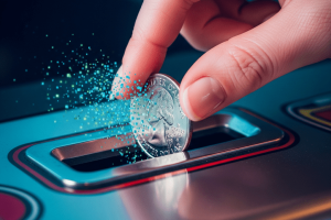 hand placing a quarter in a coin slot with the quarter becoming digital bits - Generated with AI