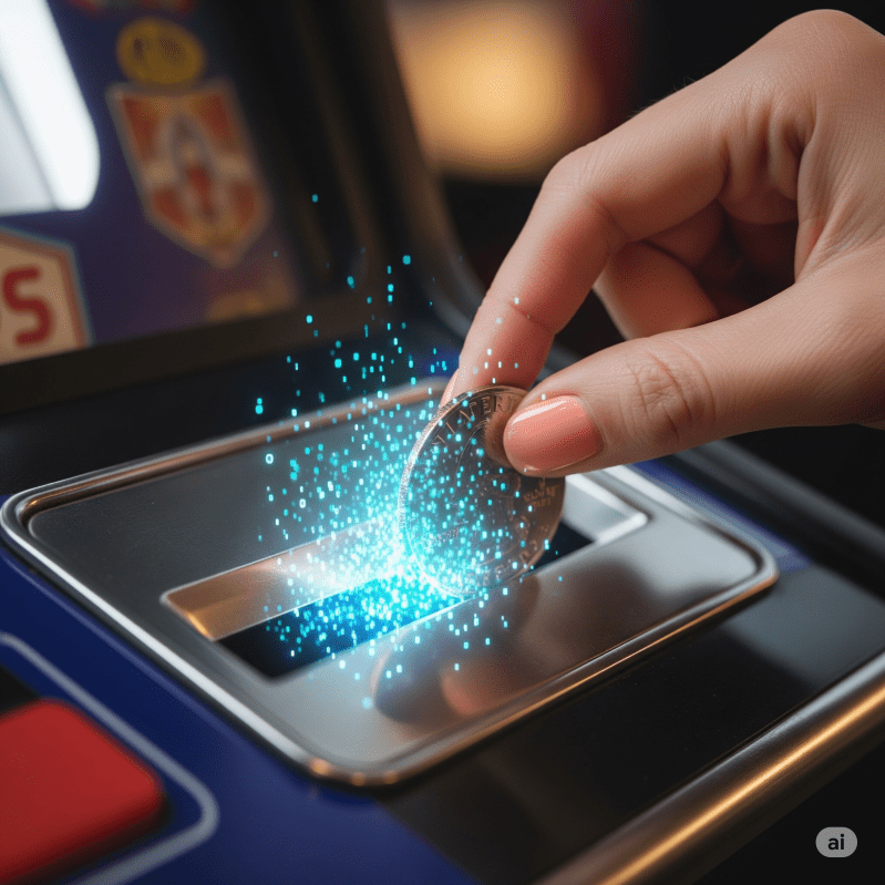 hand placing a quarter in a coin slot with the quarter becoming digital bits - Generated with AI