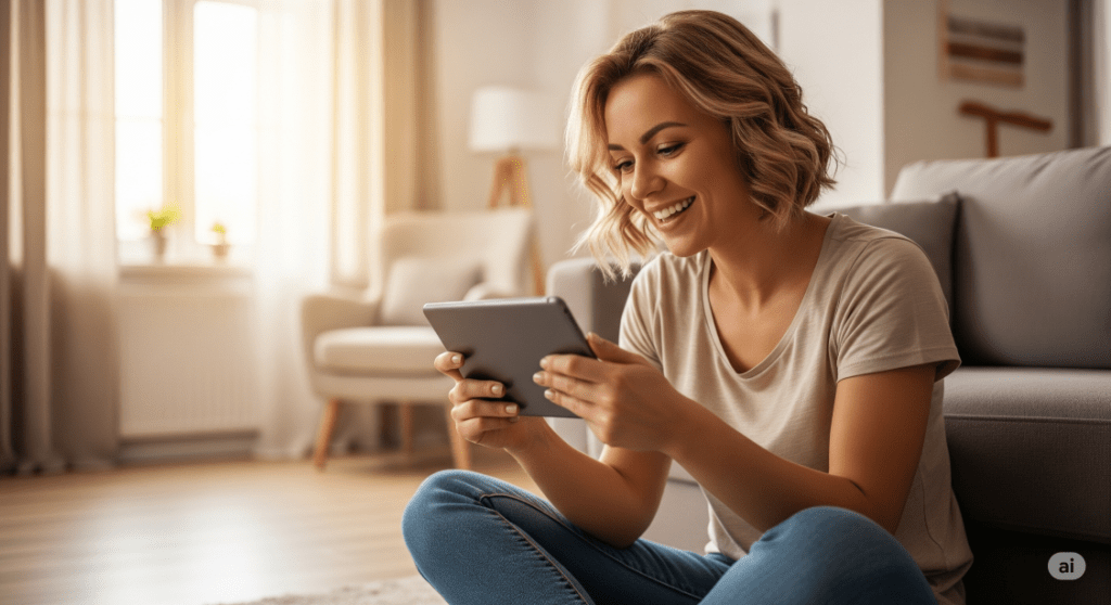 happy blonde-haired woman enjoying her tablet on the floor in front of a sofa - Generated with AI