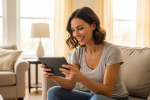 happy brown-haired woman enjoying her tablet on a sofa - Generated with AI