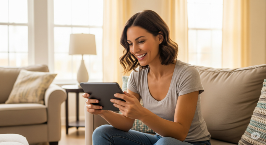 happy brown-haired woman enjoying her tablet on a sofa - Generated with AI