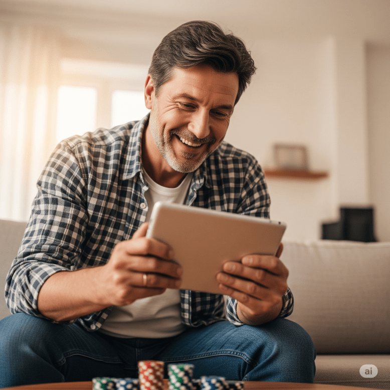 man playing online poker on his tablet - Generated with AI