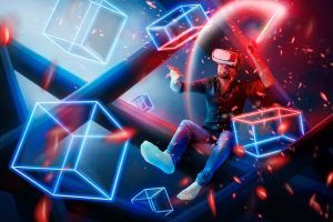 man with a VR headset in a virtual world