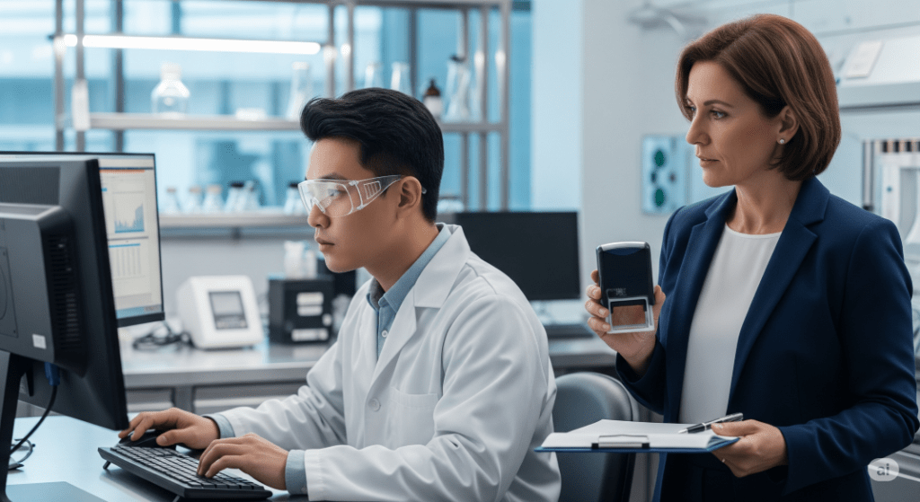 man in lab coat in lab next to a notary