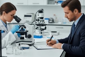 woman in labcoat in lab looking down a microscope next to a male notary - Generated with AI
