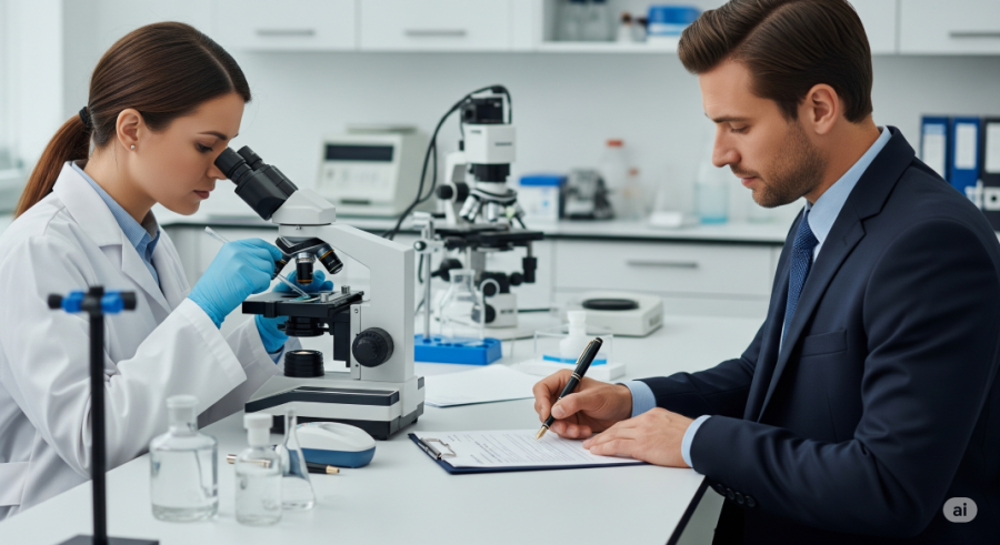woman in labcoat in lab looking down a microscope next to a male notary - Generated with AI