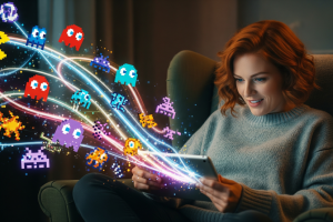red-haired woman enjoying arcade style gaming on her tablet - Generated with AI