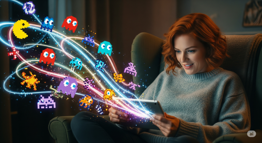 red-haired woman enjoying arcade style gaming on her tablet - Generated with AI