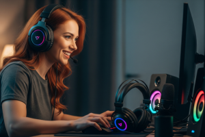 red-haired woman into audio gaming on her PC - Generated with AI