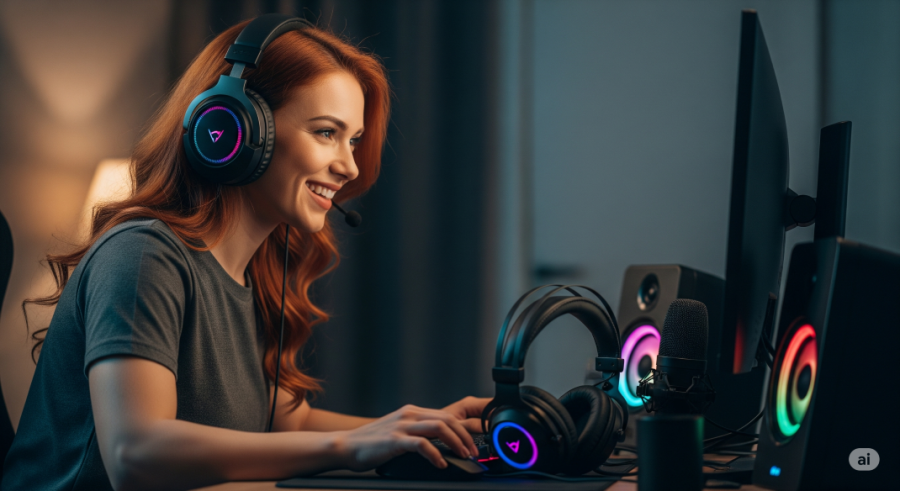 red-haired woman into audio gaming on her PC - Generated with AI