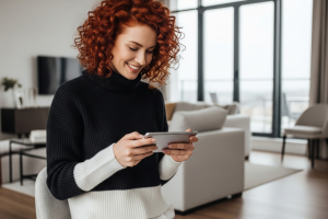 red haired woman playing on a smartphone - Generated with AI