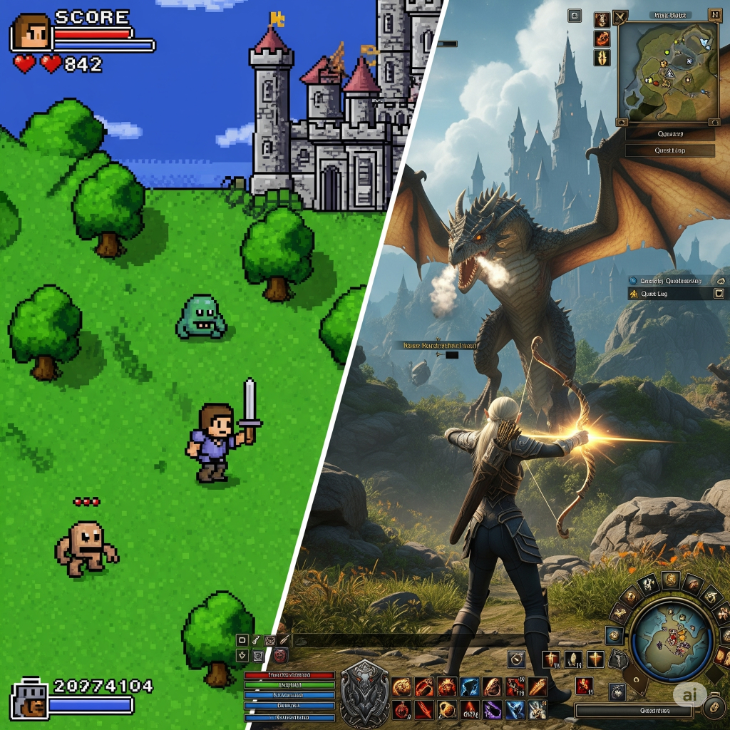 retro gaming compared to modern online gaming - Generated with AI