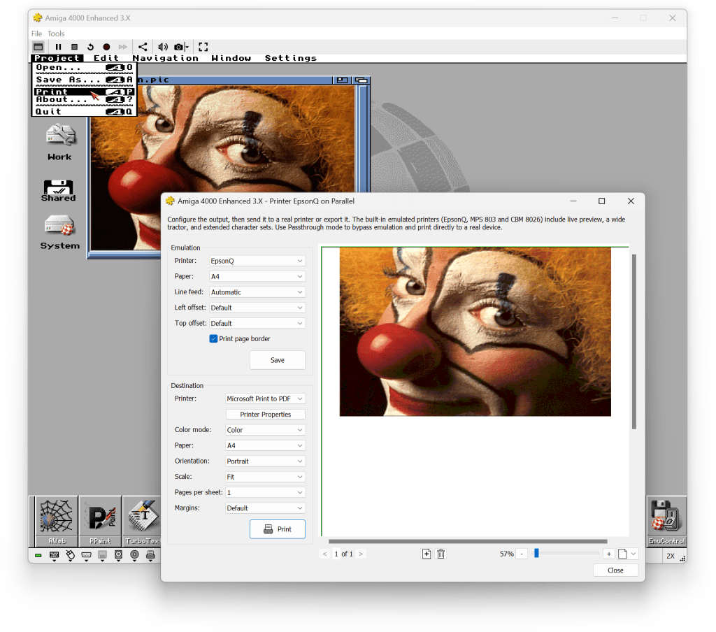 EpsonQ, MPS 803, and CBM 8026 virtual printers featuring vector-sharp text, 360 dpi color graphics and live preview. Advanced support for Ghostscript (if installed): print Amiga PostScript to a non-PostScript printer, or convert directly to vector-based PDF.