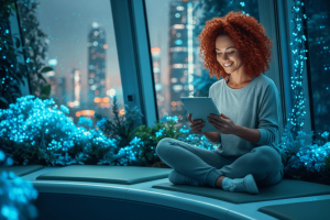 seated woman in futuristic setting enjoying her tablet - Generated with AI