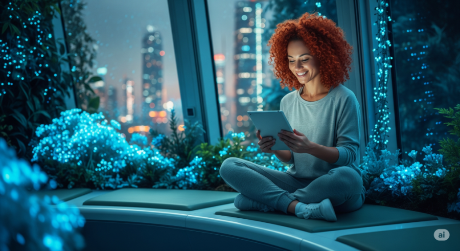 seated woman in futuristic setting enjoying her tablet - Generated with AI