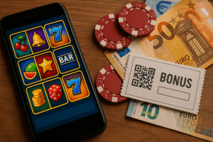 smartphone with a slots game on its screen next to poker chips and currency