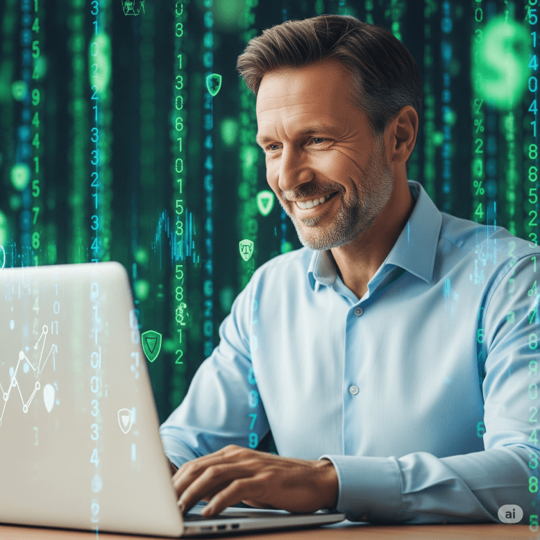 smiling man on laptop with financial data being protected in the background - Generated with AI