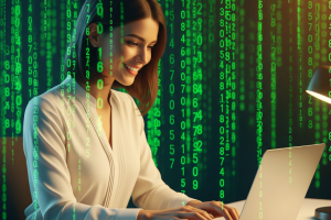 smiling woman on laptop with financial data being protected in the background - Generated with AI