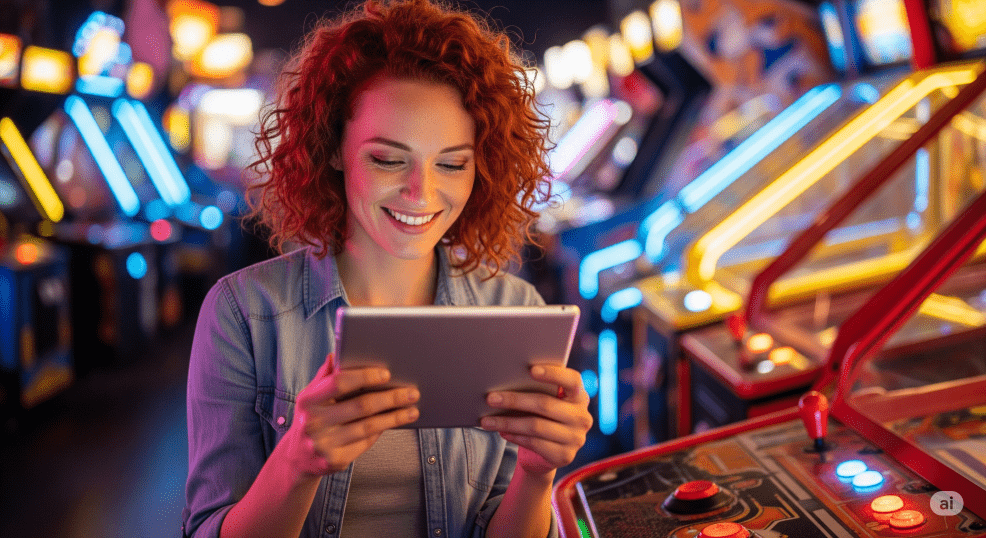 woman enjoying her tablet in an arcade setting - Generated with AI