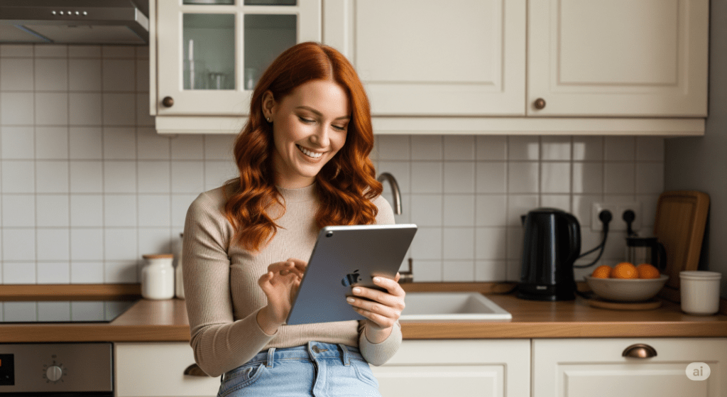 woman enjoying tablet computer in the kitchen - Generated with AI