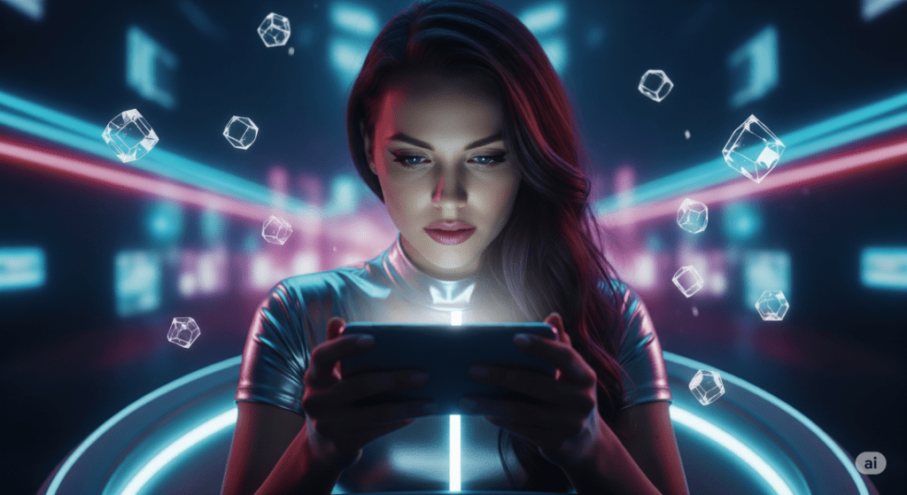 woman gambling on her smartphone in the future - Generated with AI