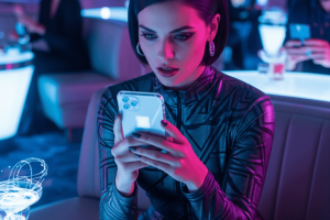 woman gambling on her smartphone in the future - Generated with AI