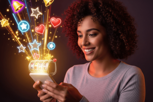 woman holding a smartphone with virtual slot imagery - Generated with AI