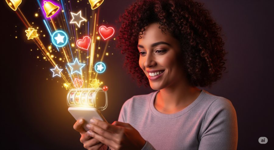 woman holding a smartphone with virtual slot imagery - Generated with AI