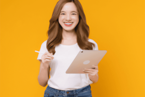 woman holding tablet