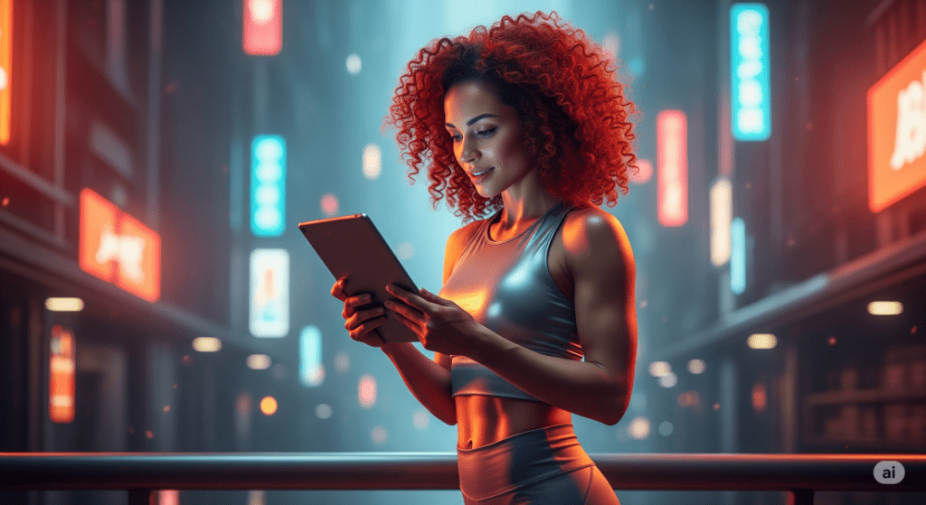 woman in futuristic setting enjoying her tablet - Generated with AI