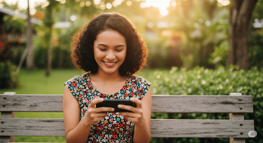 woman in the Philippines enjoying playing on her smartphone on a bench - Generated with AI