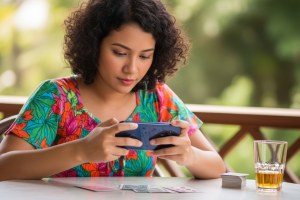 woman in the Phillippines enjoying playing on her smartphone with cards in front of her and a beverage - Generated with AI