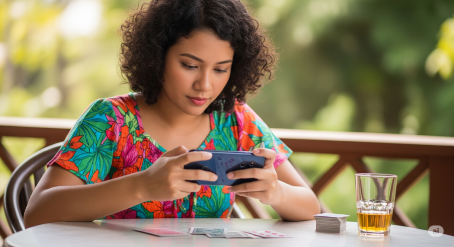 woman in the Phillippines enjoying playing on her smartphone with cards in front of her and a beverage - Generated with AI