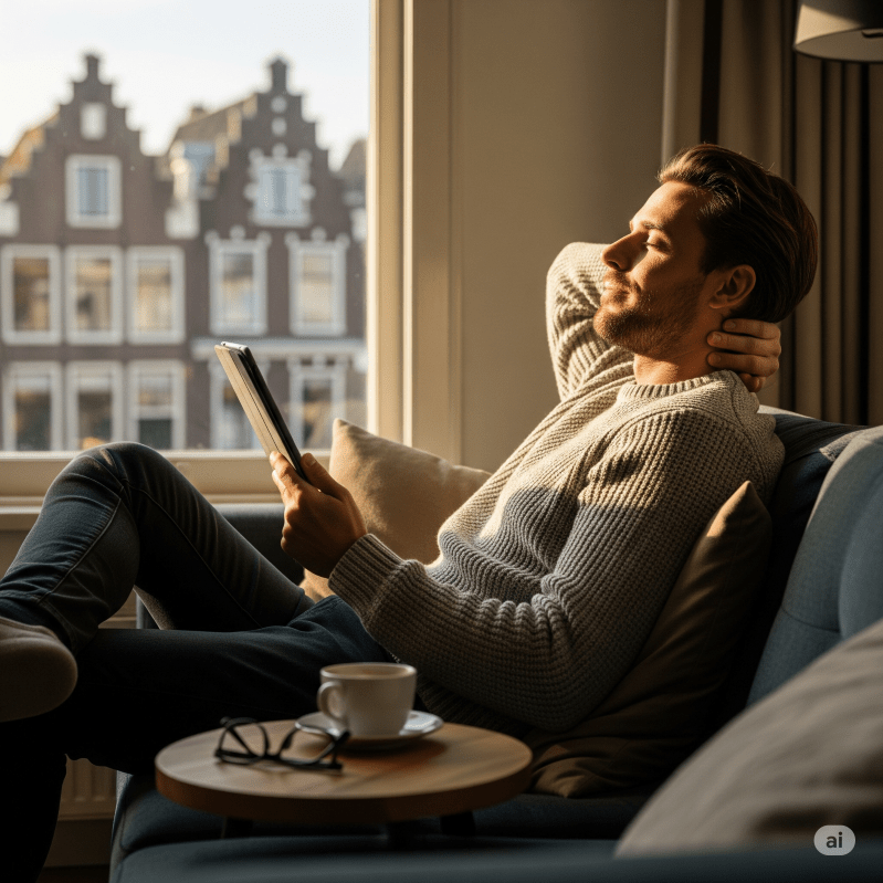 Dutch man relaxing with a tablet - Generated with AI