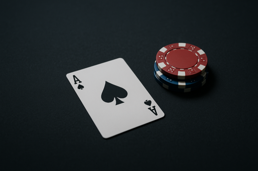 ace of spades and poker chips on black background
