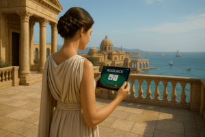 ancient era woman playing blackjack on her tablet computer - Generated with AI